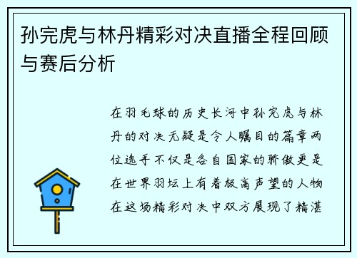 孙完虎与林丹精彩对决直播全程回顾与赛后分析